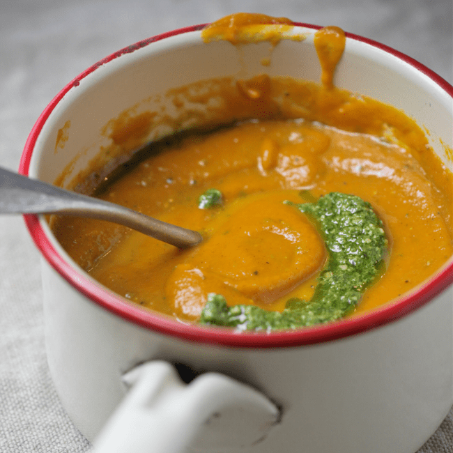 Roasted Pumpkin + Carrot Soup with Pesto