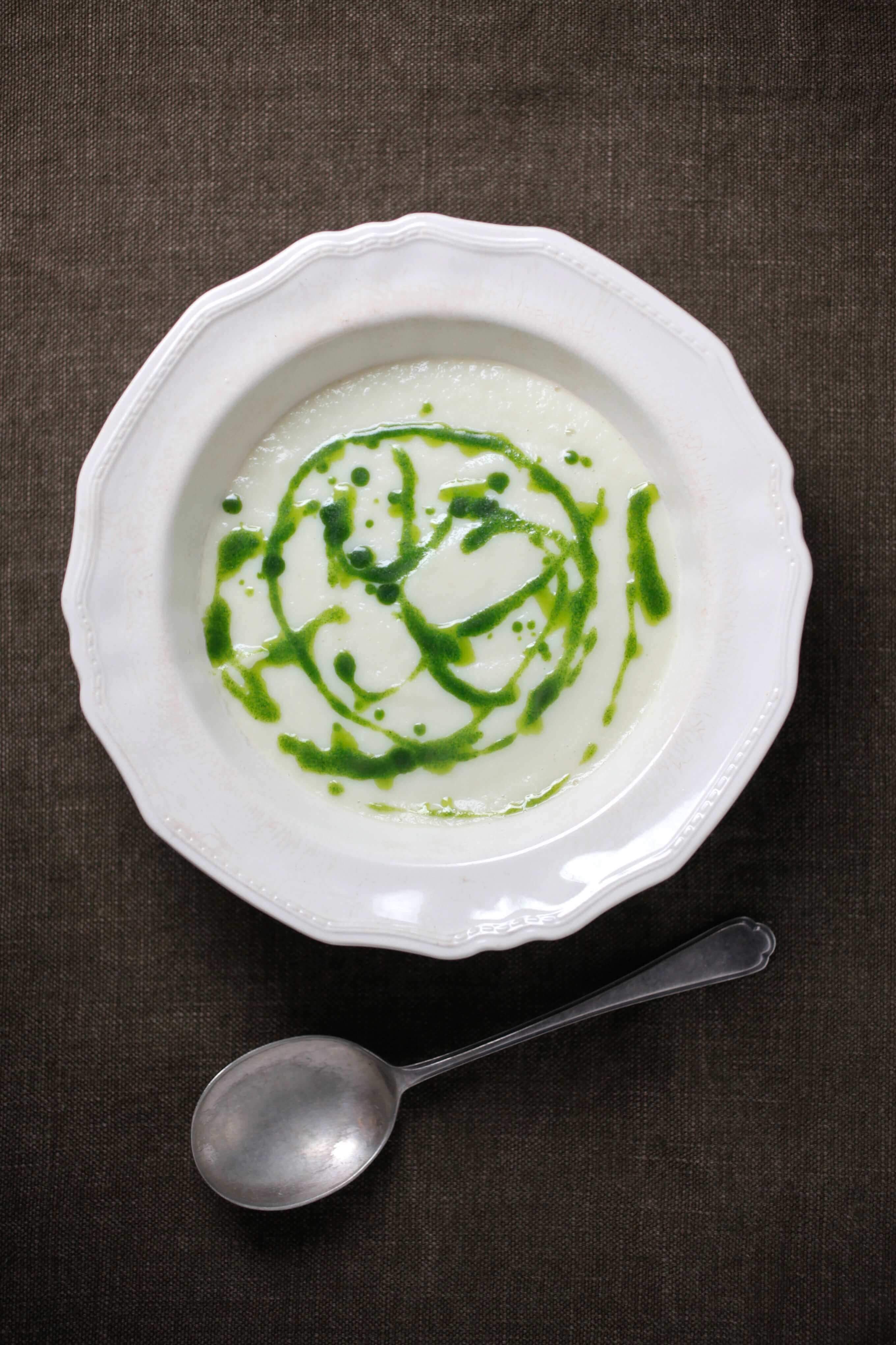 Cauliflower + Leek Soup with Parsley Oil