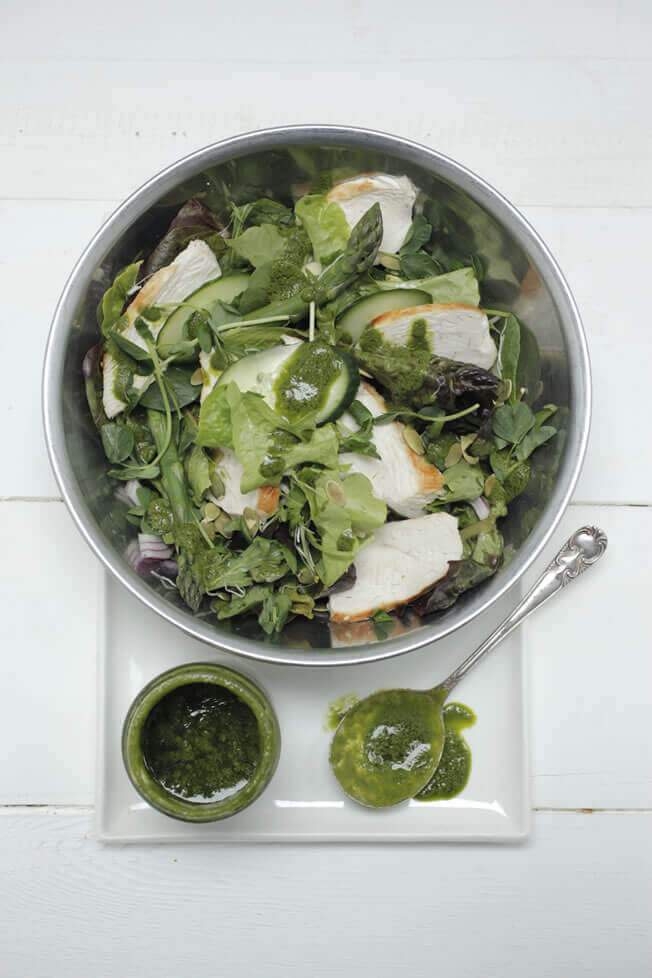 Poached Organic Chicken Salad with Pistachio + Salsa Verde