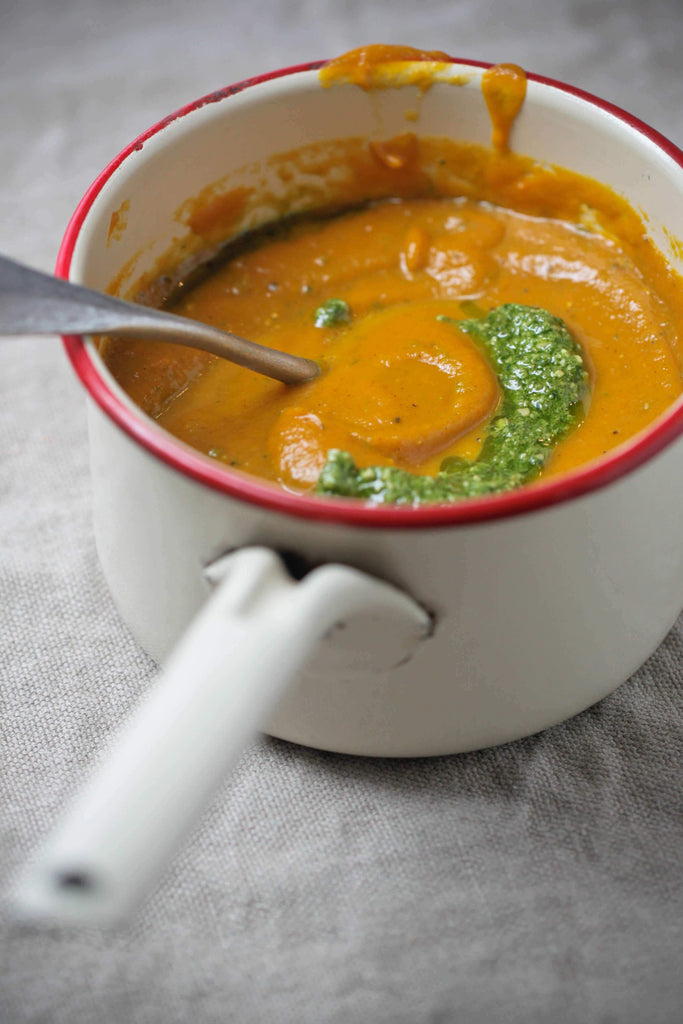 Roasted Pumpkin + Carrot Soup with Pesto