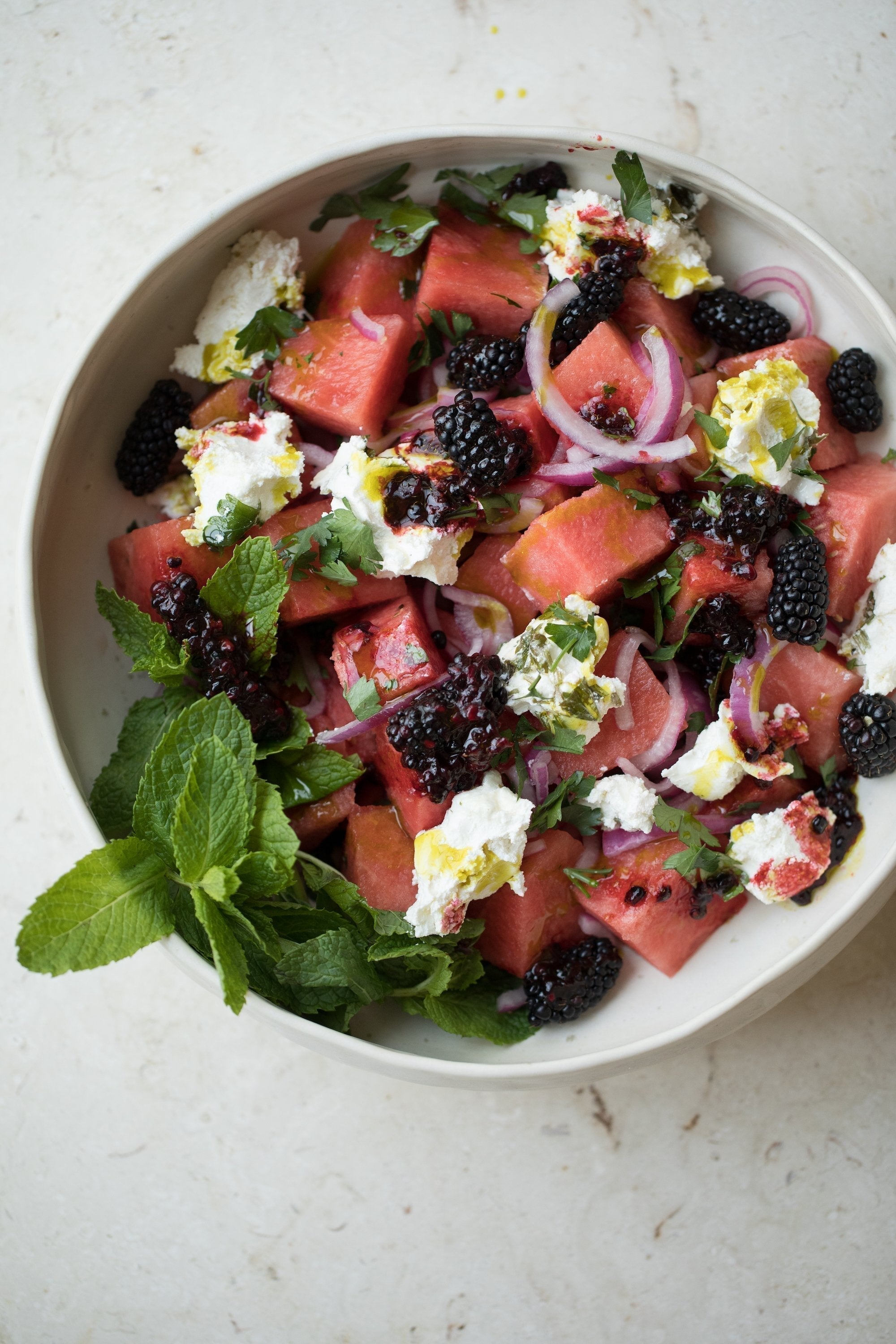 Watermelon Salad w/ Smashed Blackberries