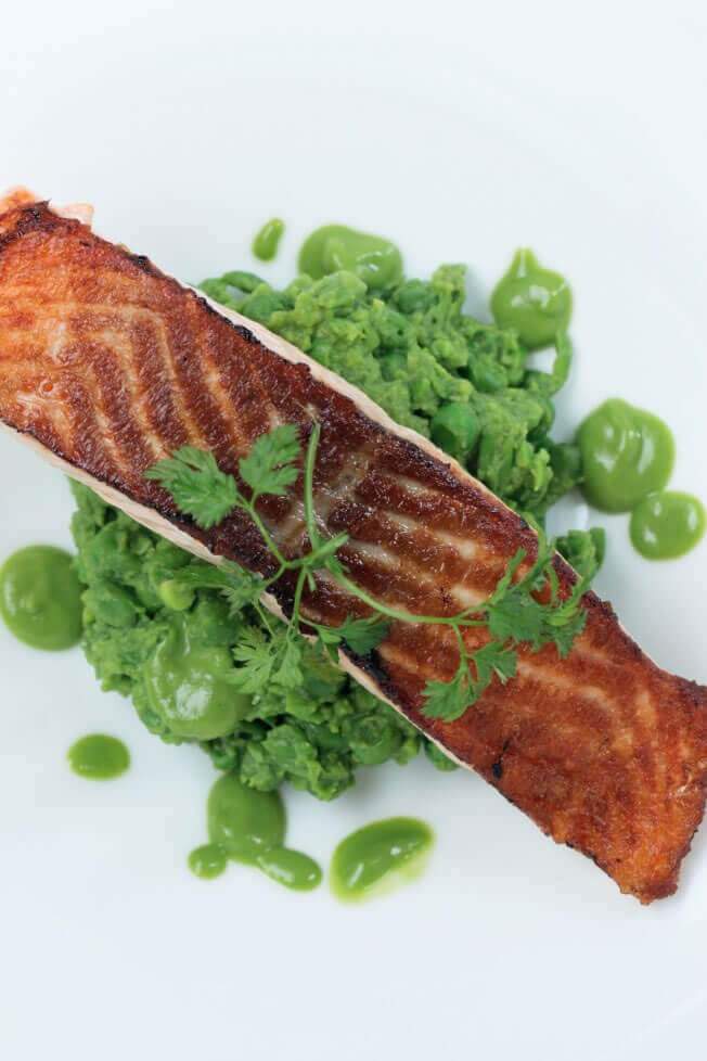 Smashed Green Peas + Pan Roasted Salmon