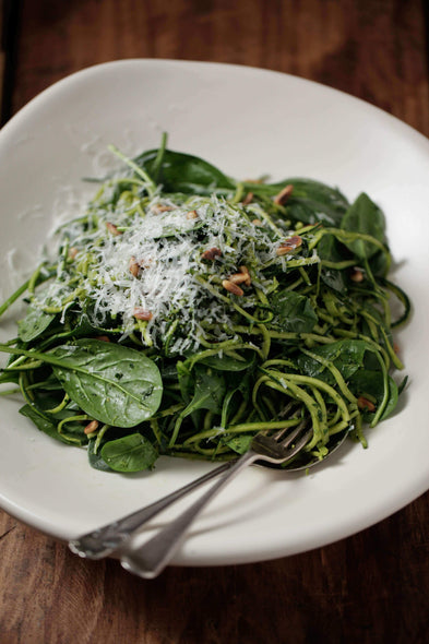 Zucchini Linguini With Spinach + Basil Pesto