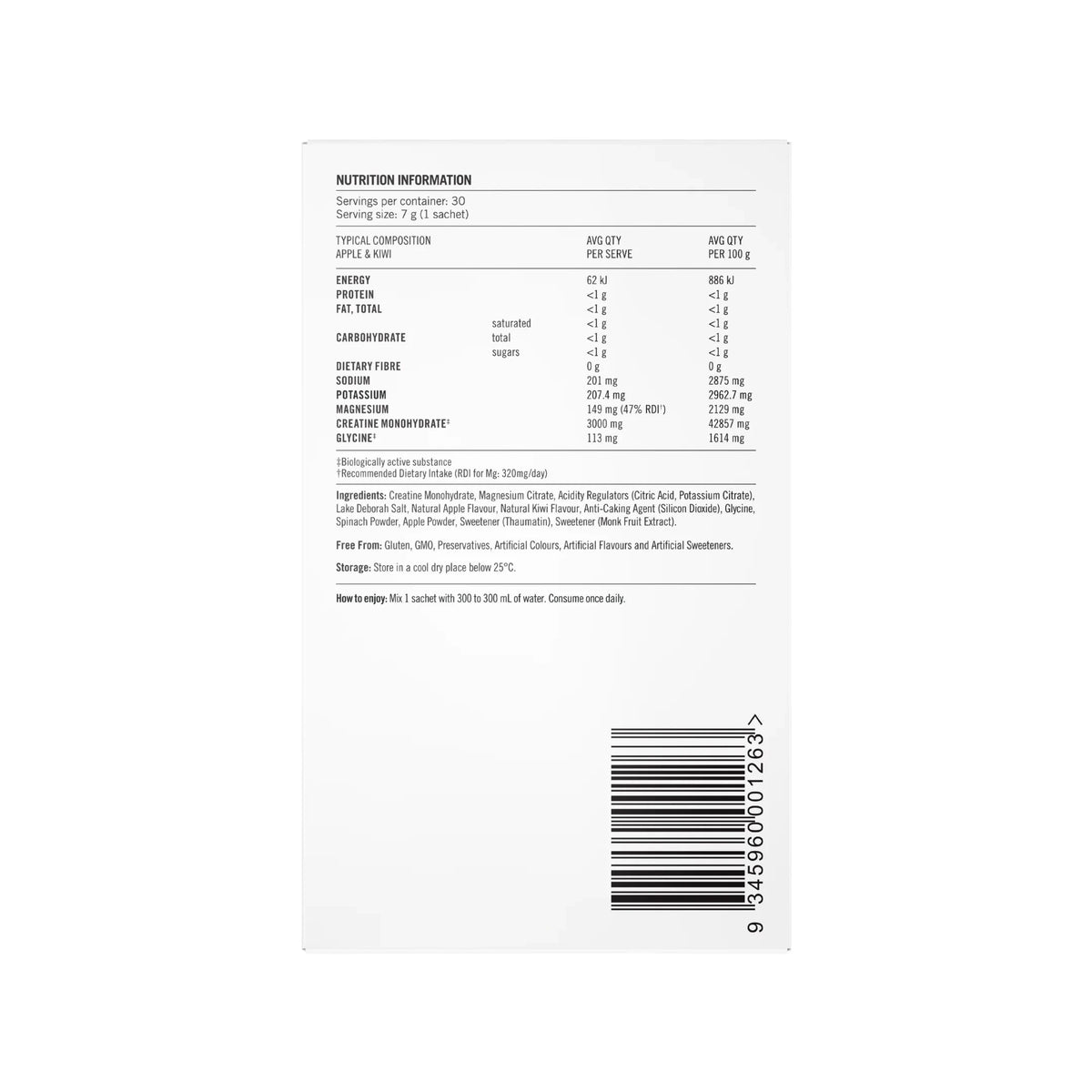 Creatine + Electrolytes Green Apple + Kiwi - 30 x 7g Sachets Supplement Powders The Healthy Chef 