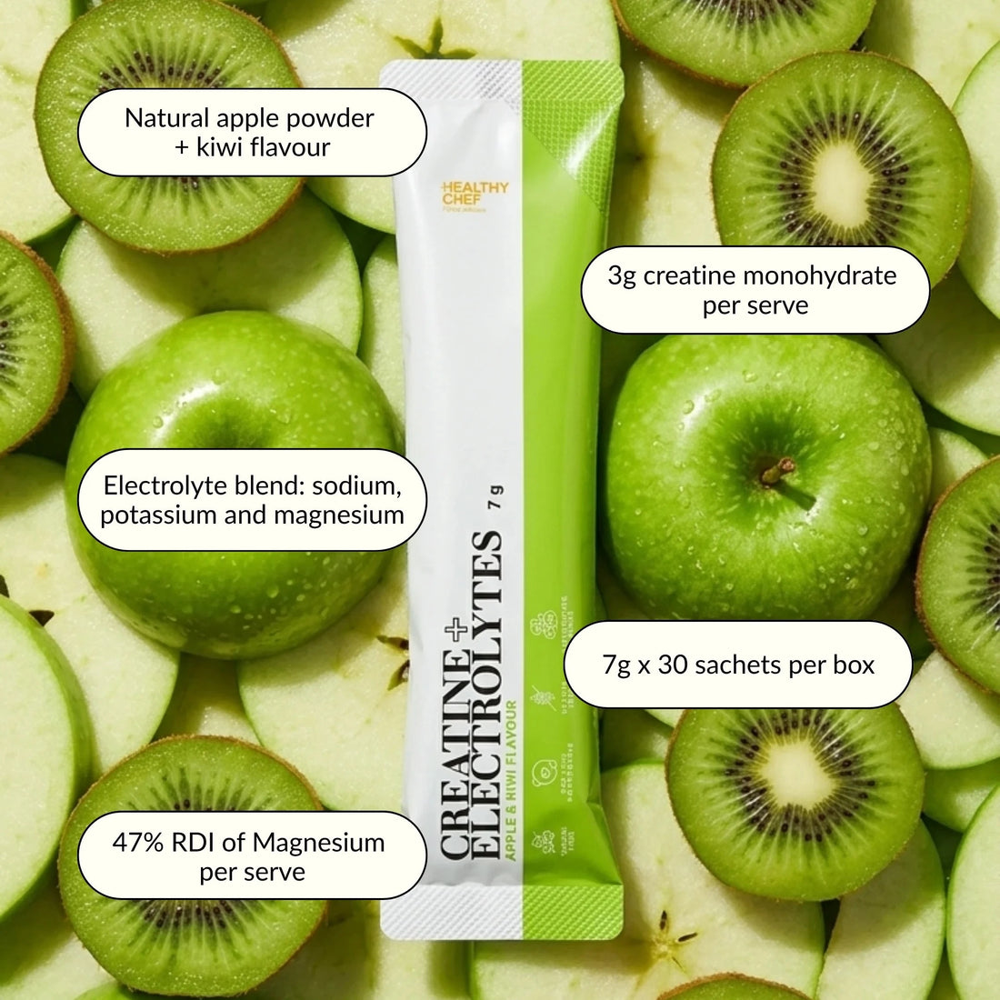 Green Apple + Kiwi creatine sachet: 3g creatine monohydrate, magnesium, potassium and sodium